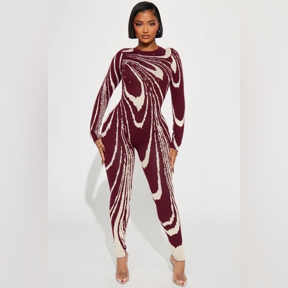 Fashion Nova Darkest Secret Sweater Jumpsuit Burgundy